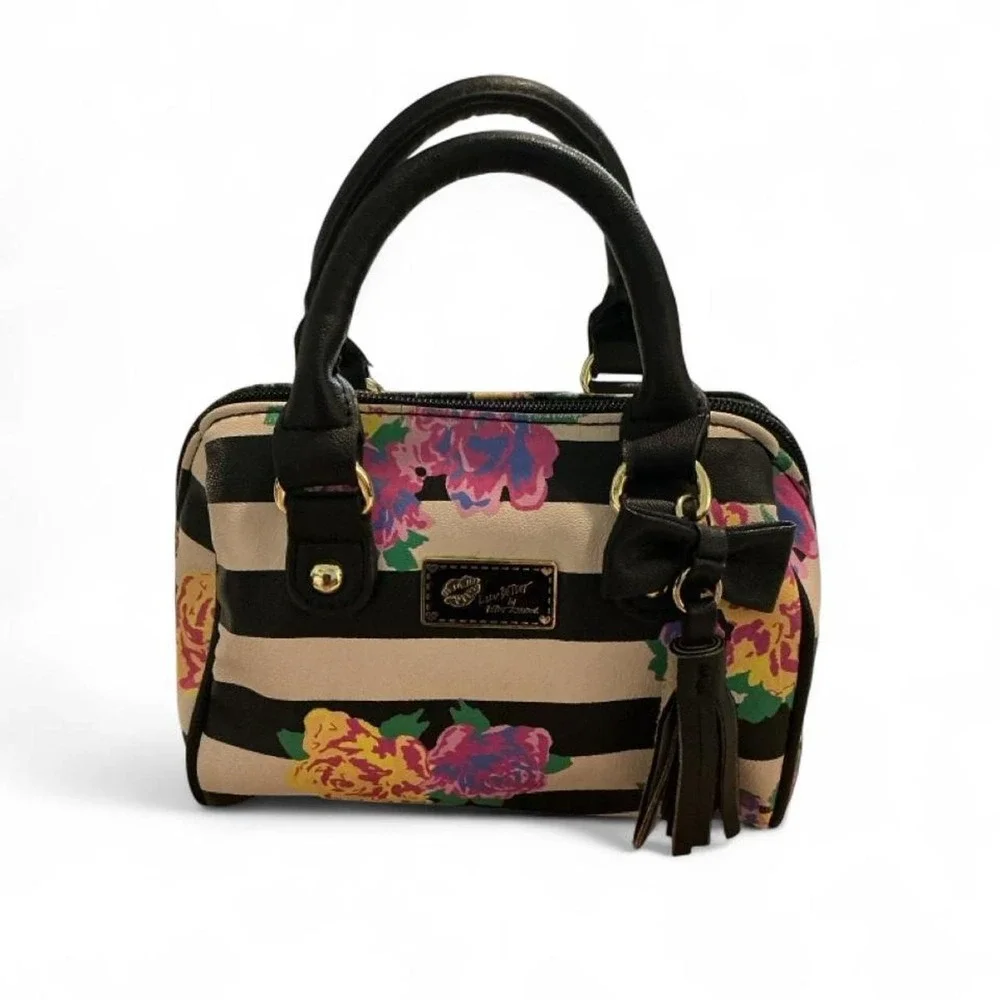 Luv Betsey Mini Satchel Women Small Black Floral Striped Tassel Bow